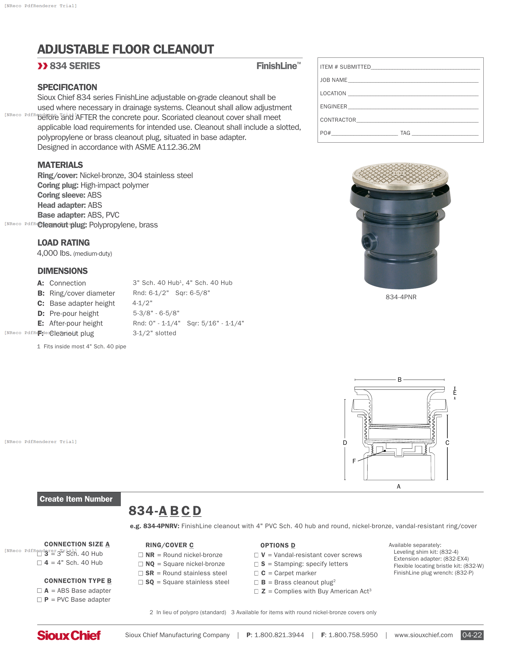 834 SERIES - FINISHLINE ADJUSTABLE CLEANOUT SCH40 - SPEC SHEET.PDF Specification Document